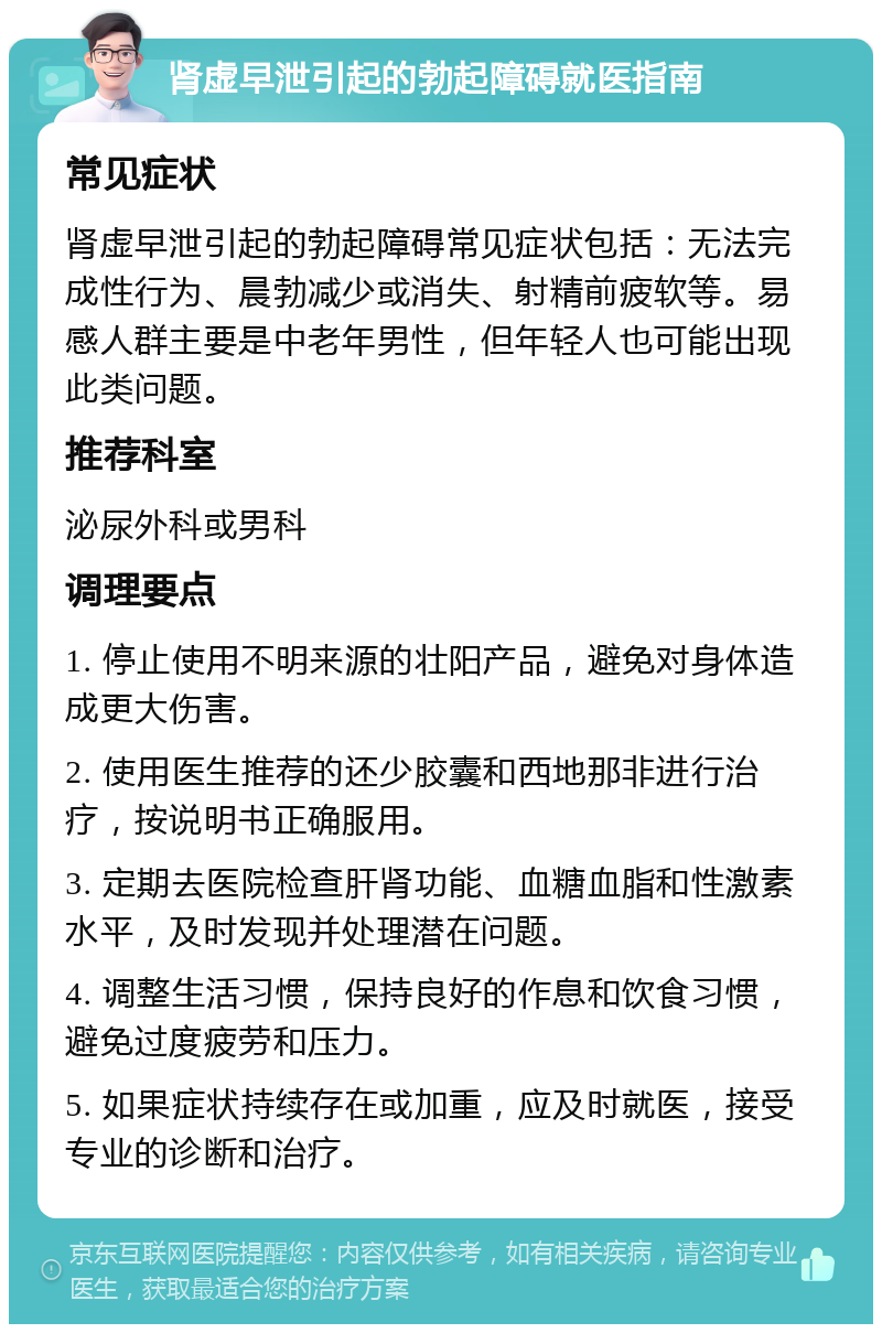 肾虚早泄引起的勃起障碍就医指南 常见症状 肾虚早泄引起的勃起障碍常见症状包括：无法完成性行为、晨勃减少或消失、射精前疲软等。易感人群主要是中老年男性，但年轻人也可能出现此类问题。 推荐科室 泌尿外科或男科 调理要点 1. 停止使用不明来源的壮阳产品，避免对身体造成更大伤害。 2. 使用医生推荐的还少胶囊和西地那非进行治疗，按说明书正确服用。 3. 定期去医院检查肝肾功能、血糖血脂和性激素水平，及时发现并处理潜在问题。 4. 调整生活习惯，保持良好的作息和饮食习惯，避免过度疲劳和压力。 5. 如果症状持续存在或加重，应及时就医，接受专业的诊断和治疗。