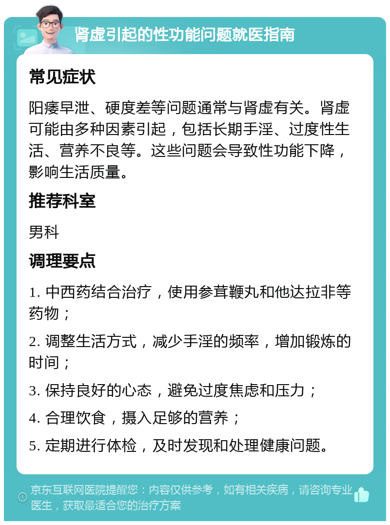 肾虚引起的性功能问题就医指南 常见症状 阳痿早泄、硬度差等问题通常与肾虚有关。肾虚可能由多种因素引起，包括长期手淫、过度性生活、营养不良等。这些问题会导致性功能下降，影响生活质量。 推荐科室 男科 调理要点 1. 中西药结合治疗，使用参茸鞭丸和他达拉非等药物； 2. 调整生活方式，减少手淫的频率，增加锻炼的时间； 3. 保持良好的心态，避免过度焦虑和压力； 4. 合理饮食，摄入足够的营养； 5. 定期进行体检，及时发现和处理健康问题。