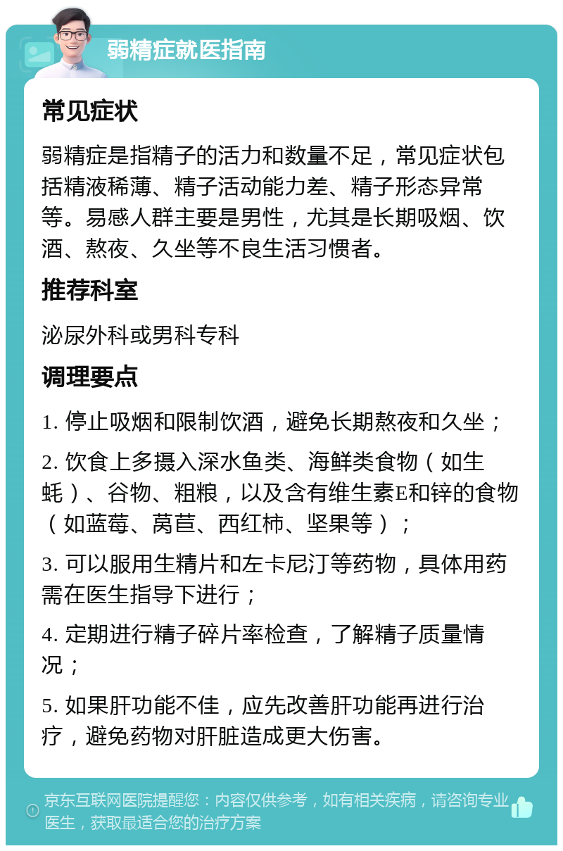 弱精症就医指南 常见症状 弱精症是指精子的活力和数量不足，常见症状包括精液稀薄、精子活动能力差、精子形态异常等。易感人群主要是男性，尤其是长期吸烟、饮酒、熬夜、久坐等不良生活习惯者。 推荐科室 泌尿外科或男科专科 调理要点 1. 停止吸烟和限制饮酒，避免长期熬夜和久坐； 2. 饮食上多摄入深水鱼类、海鲜类食物（如生蚝）、谷物、粗粮，以及含有维生素E和锌的食物（如蓝莓、莴苣、西红柿、坚果等）； 3. 可以服用生精片和左卡尼汀等药物，具体用药需在医生指导下进行； 4. 定期进行精子碎片率检查，了解精子质量情况； 5. 如果肝功能不佳，应先改善肝功能再进行治疗，避免药物对肝脏造成更大伤害。