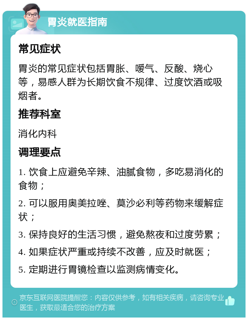 胃炎就医指南 常见症状 胃炎的常见症状包括胃胀、嗳气、反酸、烧心等，易感人群为长期饮食不规律、过度饮酒或吸烟者。 推荐科室 消化内科 调理要点 1. 饮食上应避免辛辣、油腻食物，多吃易消化的食物； 2. 可以服用奥美拉唑、莫沙必利等药物来缓解症状； 3. 保持良好的生活习惯，避免熬夜和过度劳累； 4. 如果症状严重或持续不改善，应及时就医； 5. 定期进行胃镜检查以监测病情变化。