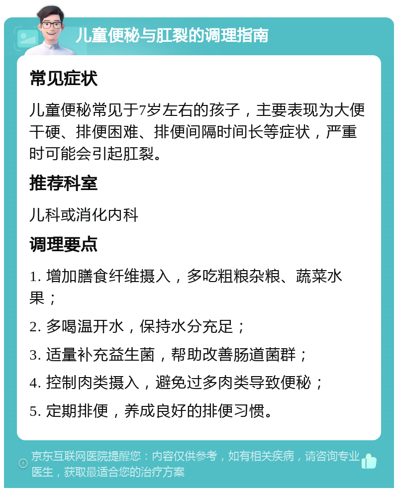 儿童便秘与肛裂的调理指南 常见症状 儿童便秘常见于7岁左右的孩子，主要表现为大便干硬、排便困难、排便间隔时间长等症状，严重时可能会引起肛裂。 推荐科室 儿科或消化内科 调理要点 1. 增加膳食纤维摄入，多吃粗粮杂粮、蔬菜水果； 2. 多喝温开水，保持水分充足； 3. 适量补充益生菌，帮助改善肠道菌群； 4. 控制肉类摄入，避免过多肉类导致便秘； 5. 定期排便，养成良好的排便习惯。