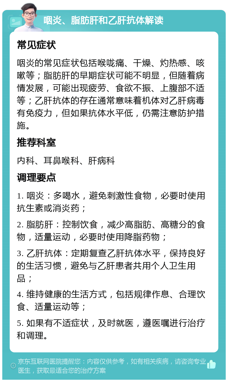 咽炎、脂肪肝和乙肝抗体解读 常见症状 咽炎的常见症状包括喉咙痛、干燥、灼热感、咳嗽等；脂肪肝的早期症状可能不明显，但随着病情发展，可能出现疲劳、食欲不振、上腹部不适等；乙肝抗体的存在通常意味着机体对乙肝病毒有免疫力，但如果抗体水平低，仍需注意防护措施。 推荐科室 内科、耳鼻喉科、肝病科 调理要点 1. 咽炎：多喝水，避免刺激性食物，必要时使用抗生素或消炎药； 2. 脂肪肝：控制饮食，减少高脂肪、高糖分的食物，适量运动，必要时使用降脂药物； 3. 乙肝抗体：定期复查乙肝抗体水平，保持良好的生活习惯，避免与乙肝患者共用个人卫生用品； 4. 维持健康的生活方式，包括规律作息、合理饮食、适量运动等； 5. 如果有不适症状，及时就医，遵医嘱进行治疗和调理。