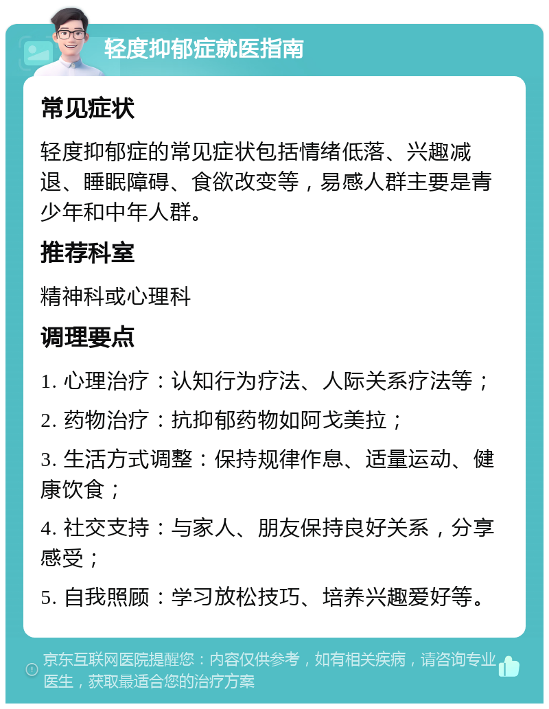 轻度抑郁症就医指南 常见症状 轻度抑郁症的常见症状包括情绪低落、兴趣减退、睡眠障碍、食欲改变等，易感人群主要是青少年和中年人群。 推荐科室 精神科或心理科 调理要点 1. 心理治疗：认知行为疗法、人际关系疗法等； 2. 药物治疗：抗抑郁药物如阿戈美拉； 3. 生活方式调整：保持规律作息、适量运动、健康饮食； 4. 社交支持：与家人、朋友保持良好关系，分享感受； 5. 自我照顾：学习放松技巧、培养兴趣爱好等。