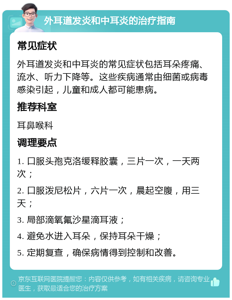 外耳道发炎和中耳炎的治疗指南 常见症状 外耳道发炎和中耳炎的常见症状包括耳朵疼痛、流水、听力下降等。这些疾病通常由细菌或病毒感染引起，儿童和成人都可能患病。 推荐科室 耳鼻喉科 调理要点 1. 口服头孢克洛缓释胶囊，三片一次，一天两次； 2. 口服泼尼松片，六片一次，晨起空腹，用三天； 3. 局部滴氧氟沙星滴耳液； 4. 避免水进入耳朵，保持耳朵干燥； 5. 定期复查，确保病情得到控制和改善。