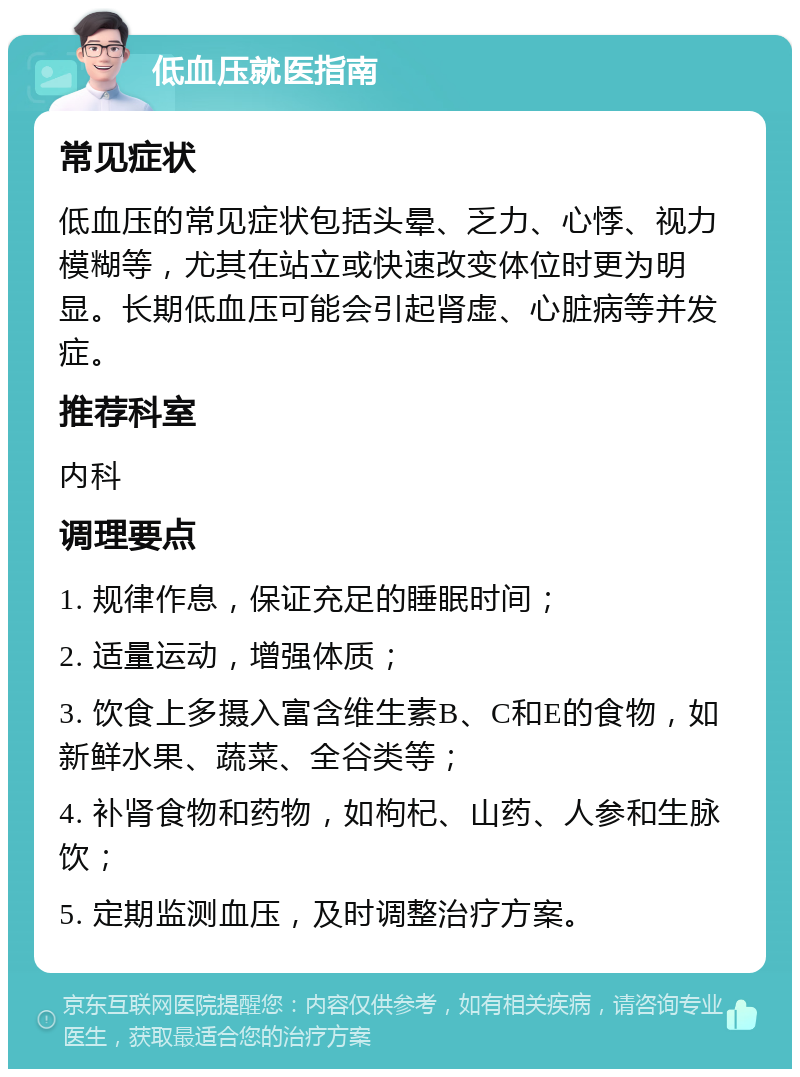 低血压就医指南 常见症状 低血压的常见症状包括头晕、乏力、心悸、视力模糊等，尤其在站立或快速改变体位时更为明显。长期低血压可能会引起肾虚、心脏病等并发症。 推荐科室 内科 调理要点 1. 规律作息，保证充足的睡眠时间； 2. 适量运动，增强体质； 3. 饮食上多摄入富含维生素B、C和E的食物，如新鲜水果、蔬菜、全谷类等； 4. 补肾食物和药物，如枸杞、山药、人参和生脉饮； 5. 定期监测血压，及时调整治疗方案。