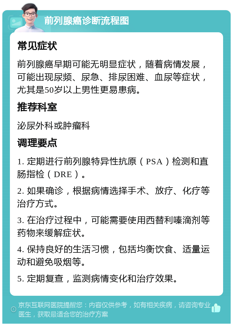 前列腺癌诊断流程图 常见症状 前列腺癌早期可能无明显症状，随着病情发展，可能出现尿频、尿急、排尿困难、血尿等症状，尤其是50岁以上男性更易患病。 推荐科室 泌尿外科或肿瘤科 调理要点 1. 定期进行前列腺特异性抗原（PSA）检测和直肠指检（DRE）。 2. 如果确诊，根据病情选择手术、放疗、化疗等治疗方式。 3. 在治疗过程中，可能需要使用西替利嗪滴剂等药物来缓解症状。 4. 保持良好的生活习惯，包括均衡饮食、适量运动和避免吸烟等。 5. 定期复查，监测病情变化和治疗效果。