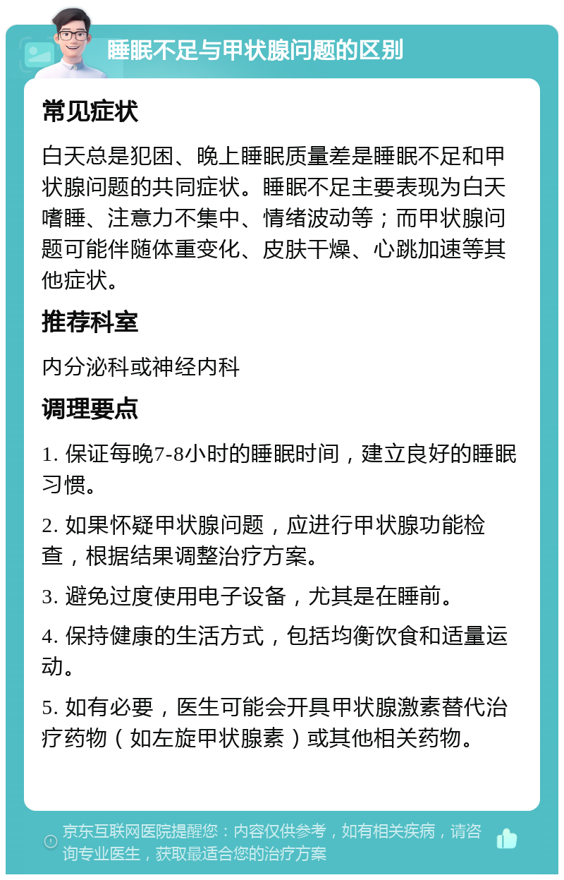 睡眠不足与甲状腺问题的区别 常见症状 白天总是犯困、晚上睡眠质量差是睡眠不足和甲状腺问题的共同症状。睡眠不足主要表现为白天嗜睡、注意力不集中、情绪波动等；而甲状腺问题可能伴随体重变化、皮肤干燥、心跳加速等其他症状。 推荐科室 内分泌科或神经内科 调理要点 1. 保证每晚7-8小时的睡眠时间，建立良好的睡眠习惯。 2. 如果怀疑甲状腺问题，应进行甲状腺功能检查，根据结果调整治疗方案。 3. 避免过度使用电子设备，尤其是在睡前。 4. 保持健康的生活方式，包括均衡饮食和适量运动。 5. 如有必要，医生可能会开具甲状腺激素替代治疗药物（如左旋甲状腺素）或其他相关药物。