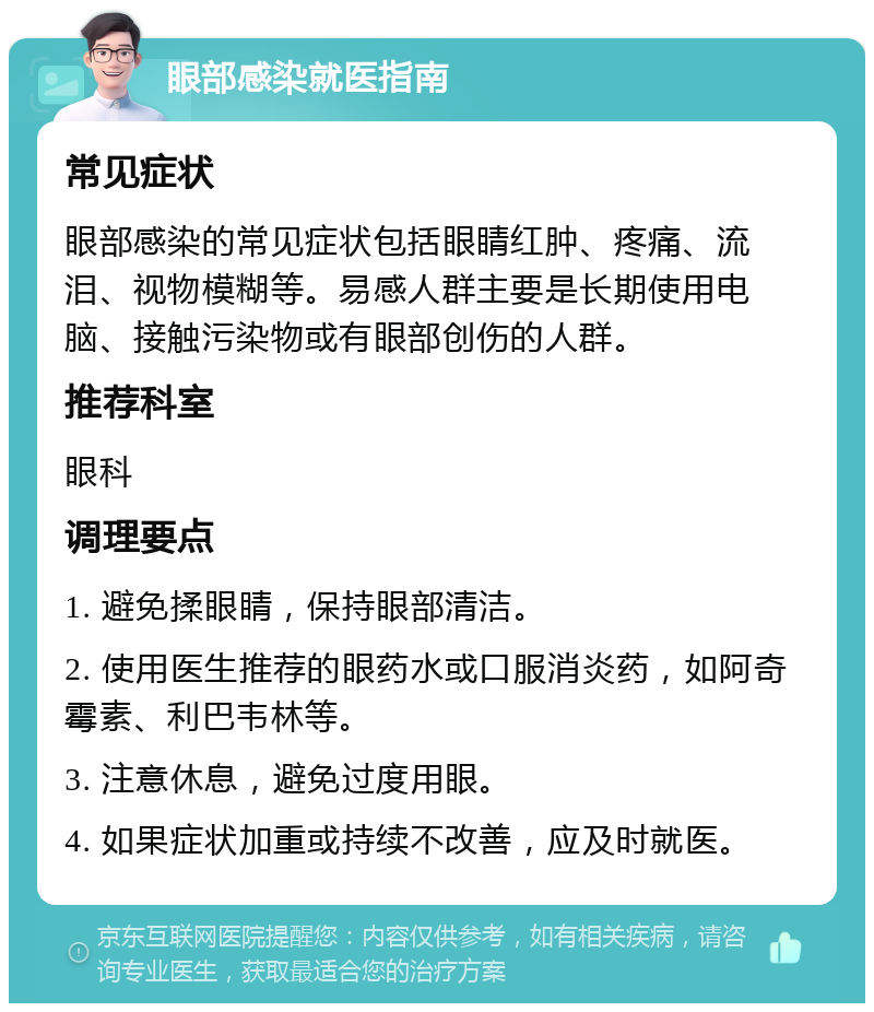 眼部感染就医指南 常见症状 眼部感染的常见症状包括眼睛红肿、疼痛、流泪、视物模糊等。易感人群主要是长期使用电脑、接触污染物或有眼部创伤的人群。 推荐科室 眼科 调理要点 1. 避免揉眼睛，保持眼部清洁。 2. 使用医生推荐的眼药水或口服消炎药，如阿奇霉素、利巴韦林等。 3. 注意休息，避免过度用眼。 4. 如果症状加重或持续不改善，应及时就医。