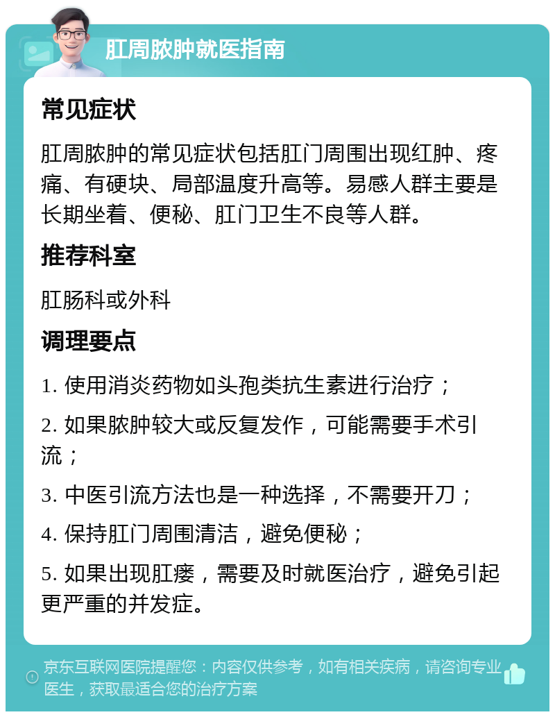 肛周脓肿就医指南 常见症状 肛周脓肿的常见症状包括肛门周围出现红肿、疼痛、有硬块、局部温度升高等。易感人群主要是长期坐着、便秘、肛门卫生不良等人群。 推荐科室 肛肠科或外科 调理要点 1. 使用消炎药物如头孢类抗生素进行治疗； 2. 如果脓肿较大或反复发作，可能需要手术引流； 3. 中医引流方法也是一种选择，不需要开刀； 4. 保持肛门周围清洁，避免便秘； 5. 如果出现肛瘘，需要及时就医治疗，避免引起更严重的并发症。