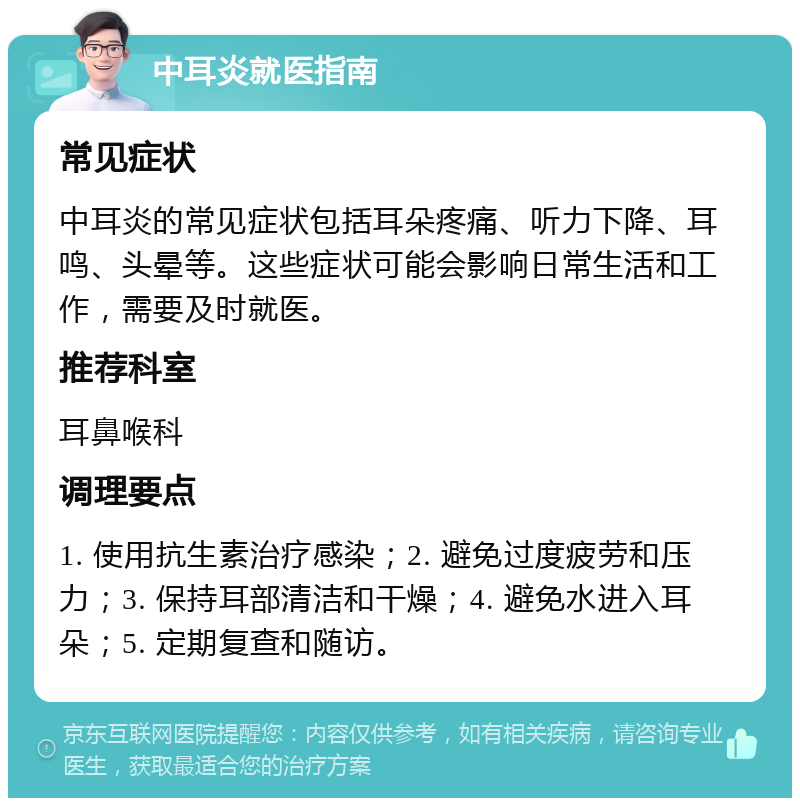 中耳炎就医指南 常见症状 中耳炎的常见症状包括耳朵疼痛、听力下降、耳鸣、头晕等。这些症状可能会影响日常生活和工作，需要及时就医。 推荐科室 耳鼻喉科 调理要点 1. 使用抗生素治疗感染；2. 避免过度疲劳和压力；3. 保持耳部清洁和干燥；4. 避免水进入耳朵；5. 定期复查和随访。