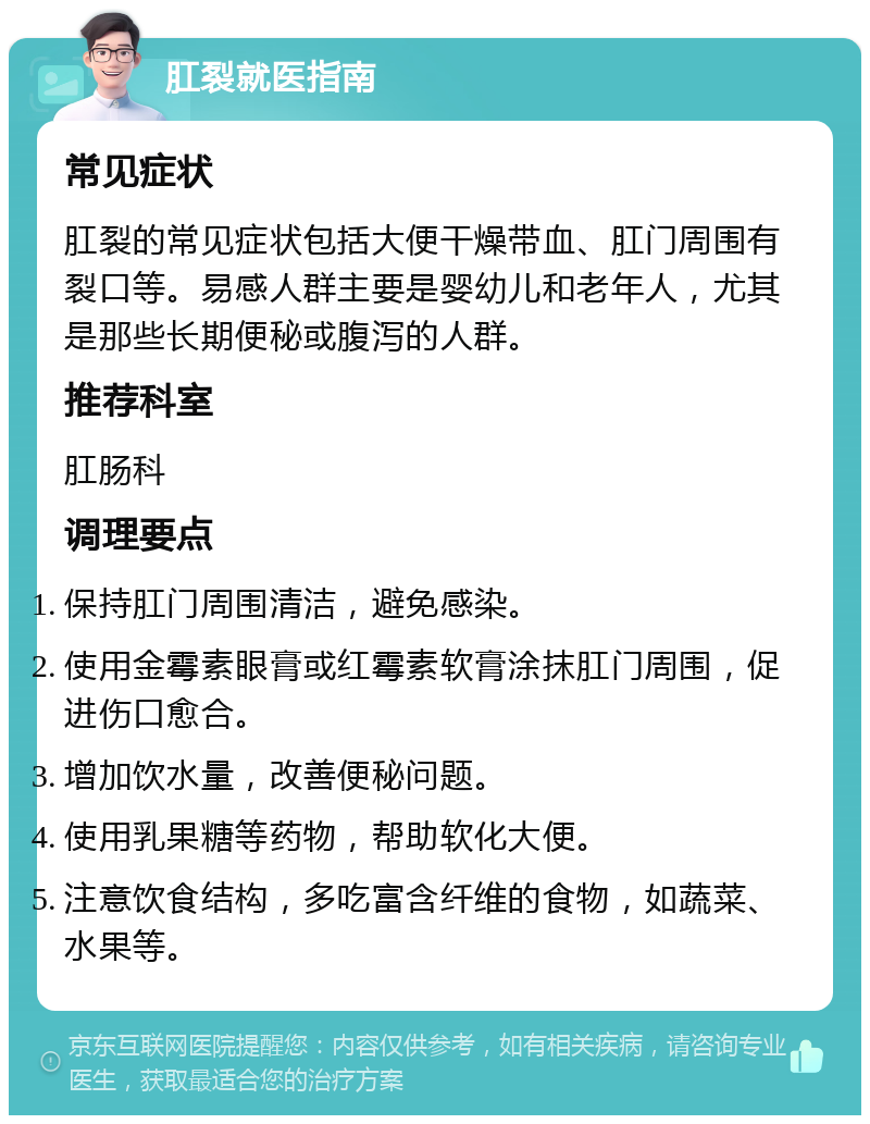 肛裂就医指南 常见症状 肛裂的常见症状包括大便干燥带血、肛门周围有裂口等。易感人群主要是婴幼儿和老年人，尤其是那些长期便秘或腹泻的人群。 推荐科室 肛肠科 调理要点 保持肛门周围清洁，避免感染。 使用金霉素眼膏或红霉素软膏涂抹肛门周围，促进伤口愈合。 增加饮水量，改善便秘问题。 使用乳果糖等药物，帮助软化大便。 注意饮食结构，多吃富含纤维的食物，如蔬菜、水果等。