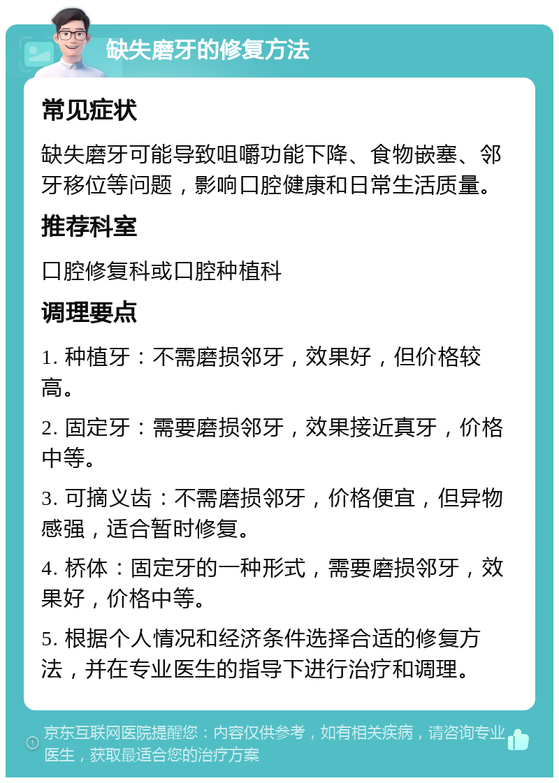 缺失磨牙的修复方法 常见症状 缺失磨牙可能导致咀嚼功能下降、食物嵌塞、邻牙移位等问题，影响口腔健康和日常生活质量。 推荐科室 口腔修复科或口腔种植科 调理要点 1. 种植牙：不需磨损邻牙，效果好，但价格较高。 2. 固定牙：需要磨损邻牙，效果接近真牙，价格中等。 3. 可摘义齿：不需磨损邻牙，价格便宜，但异物感强，适合暂时修复。 4. 桥体：固定牙的一种形式，需要磨损邻牙，效果好，价格中等。 5. 根据个人情况和经济条件选择合适的修复方法，并在专业医生的指导下进行治疗和调理。