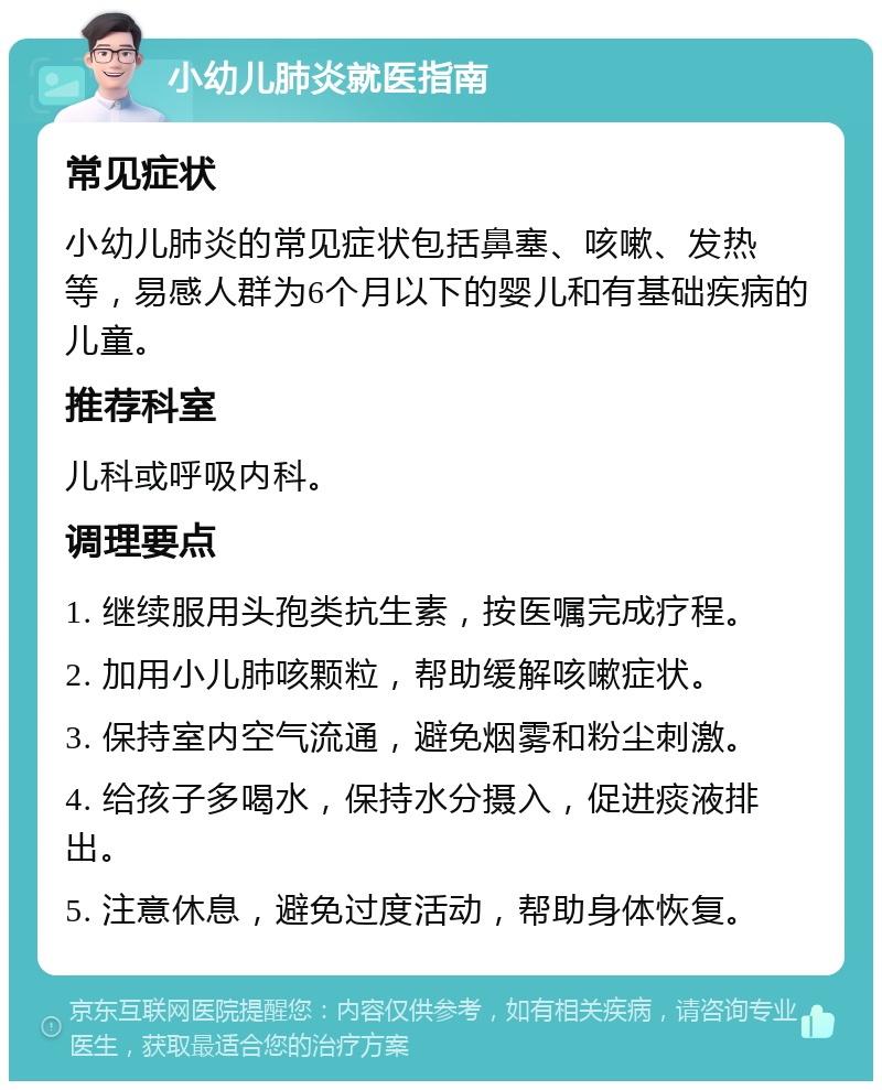 小幼儿肺炎就医指南 常见症状 小幼儿肺炎的常见症状包括鼻塞、咳嗽、发热等，易感人群为6个月以下的婴儿和有基础疾病的儿童。 推荐科室 儿科或呼吸内科。 调理要点 1. 继续服用头孢类抗生素，按医嘱完成疗程。 2. 加用小儿肺咳颗粒，帮助缓解咳嗽症状。 3. 保持室内空气流通，避免烟雾和粉尘刺激。 4. 给孩子多喝水，保持水分摄入，促进痰液排出。 5. 注意休息，避免过度活动，帮助身体恢复。