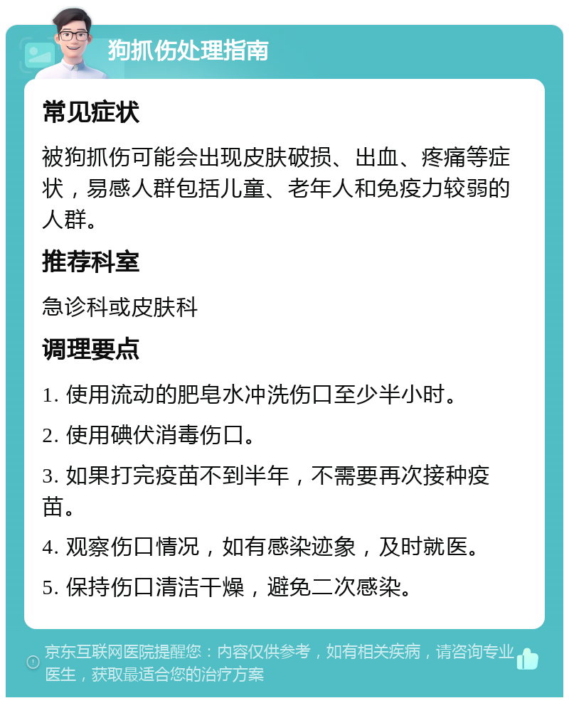 狗抓伤处理指南 常见症状 被狗抓伤可能会出现皮肤破损、出血、疼痛等症状，易感人群包括儿童、老年人和免疫力较弱的人群。 推荐科室 急诊科或皮肤科 调理要点 1. 使用流动的肥皂水冲洗伤口至少半小时。 2. 使用碘伏消毒伤口。 3. 如果打完疫苗不到半年，不需要再次接种疫苗。 4. 观察伤口情况，如有感染迹象，及时就医。 5. 保持伤口清洁干燥，避免二次感染。