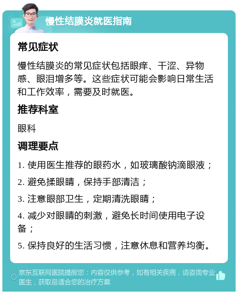 慢性结膜炎就医指南 常见症状 慢性结膜炎的常见症状包括眼痒、干涩、异物感、眼泪增多等。这些症状可能会影响日常生活和工作效率，需要及时就医。 推荐科室 眼科 调理要点 1. 使用医生推荐的眼药水，如玻璃酸钠滴眼液； 2. 避免揉眼睛，保持手部清洁； 3. 注意眼部卫生，定期清洗眼睛； 4. 减少对眼睛的刺激，避免长时间使用电子设备； 5. 保持良好的生活习惯，注意休息和营养均衡。