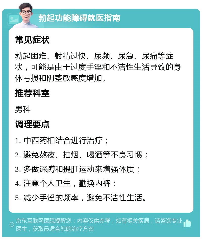 勃起功能障碍就医指南 常见症状 勃起困难、射精过快、尿频、尿急、尿痛等症状，可能是由于过度手淫和不洁性生活导致的身体亏损和阴茎敏感度增加。 推荐科室 男科 调理要点 1. 中西药相结合进行治疗； 2. 避免熬夜、抽烟、喝酒等不良习惯； 3. 多做深蹲和提肛运动来增强体质； 4. 注意个人卫生，勤换内裤； 5. 减少手淫的频率，避免不洁性生活。