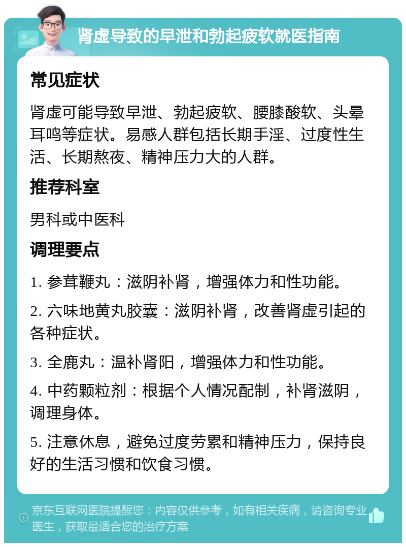 肾虚导致的早泄和勃起疲软就医指南 常见症状 肾虚可能导致早泄、勃起疲软、腰膝酸软、头晕耳鸣等症状。易感人群包括长期手淫、过度性生活、长期熬夜、精神压力大的人群。 推荐科室 男科或中医科 调理要点 1. 参茸鞭丸：滋阴补肾，增强体力和性功能。 2. 六味地黄丸胶囊：滋阴补肾，改善肾虚引起的各种症状。 3. 全鹿丸：温补肾阳，增强体力和性功能。 4. 中药颗粒剂：根据个人情况配制，补肾滋阴，调理身体。 5. 注意休息，避免过度劳累和精神压力，保持良好的生活习惯和饮食习惯。