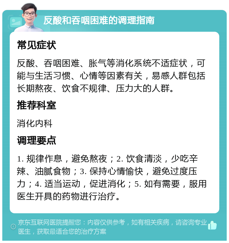 反酸和吞咽困难的调理指南 常见症状 反酸、吞咽困难、胀气等消化系统不适症状，可能与生活习惯、心情等因素有关，易感人群包括长期熬夜、饮食不规律、压力大的人群。 推荐科室 消化内科 调理要点 1. 规律作息，避免熬夜；2. 饮食清淡，少吃辛辣、油腻食物；3. 保持心情愉快，避免过度压力；4. 适当运动，促进消化；5. 如有需要，服用医生开具的药物进行治疗。