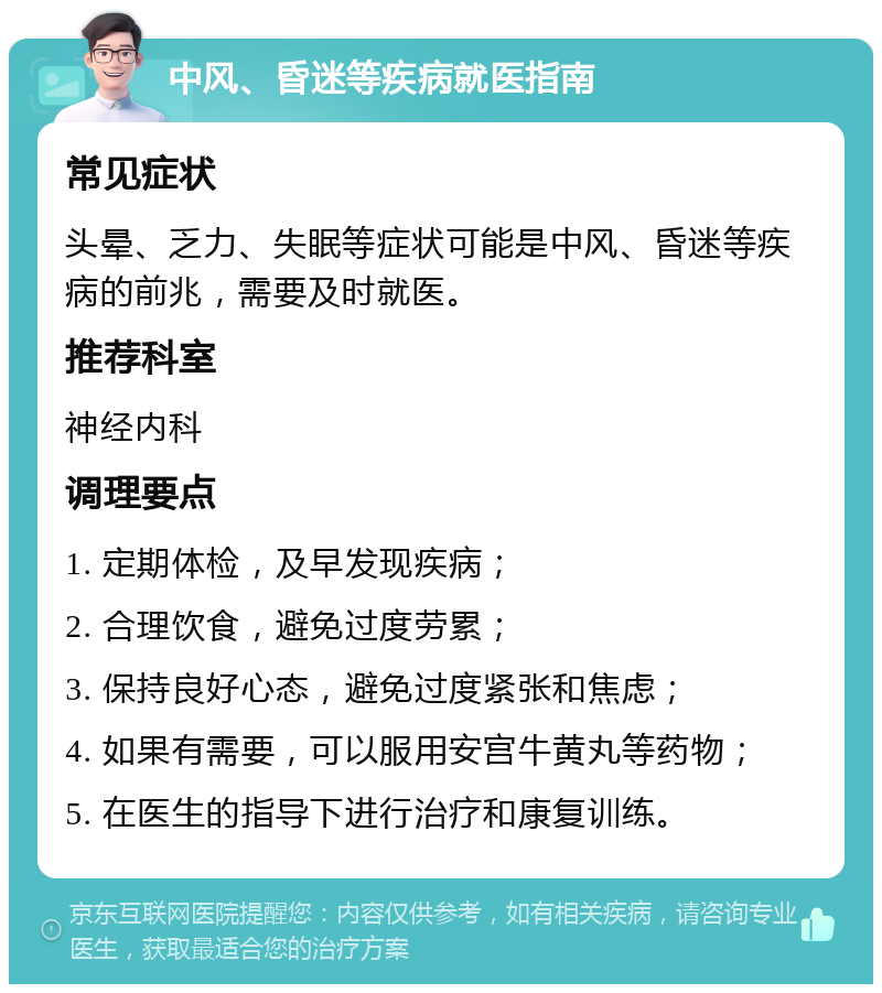 中风、昏迷等疾病就医指南 常见症状 头晕、乏力、失眠等症状可能是中风、昏迷等疾病的前兆，需要及时就医。 推荐科室 神经内科 调理要点 1. 定期体检，及早发现疾病； 2. 合理饮食，避免过度劳累； 3. 保持良好心态，避免过度紧张和焦虑； 4. 如果有需要，可以服用安宫牛黄丸等药物； 5. 在医生的指导下进行治疗和康复训练。