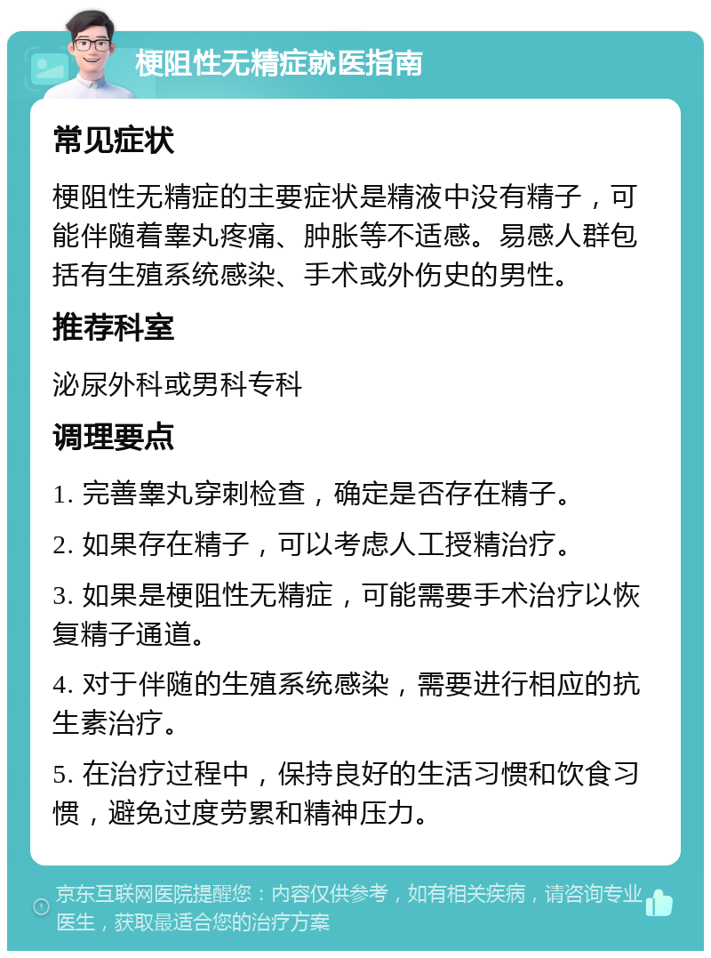 梗阻性无精症就医指南 常见症状 梗阻性无精症的主要症状是精液中没有精子，可能伴随着睾丸疼痛、肿胀等不适感。易感人群包括有生殖系统感染、手术或外伤史的男性。 推荐科室 泌尿外科或男科专科 调理要点 1. 完善睾丸穿刺检查，确定是否存在精子。 2. 如果存在精子，可以考虑人工授精治疗。 3. 如果是梗阻性无精症，可能需要手术治疗以恢复精子通道。 4. 对于伴随的生殖系统感染，需要进行相应的抗生素治疗。 5. 在治疗过程中，保持良好的生活习惯和饮食习惯，避免过度劳累和精神压力。