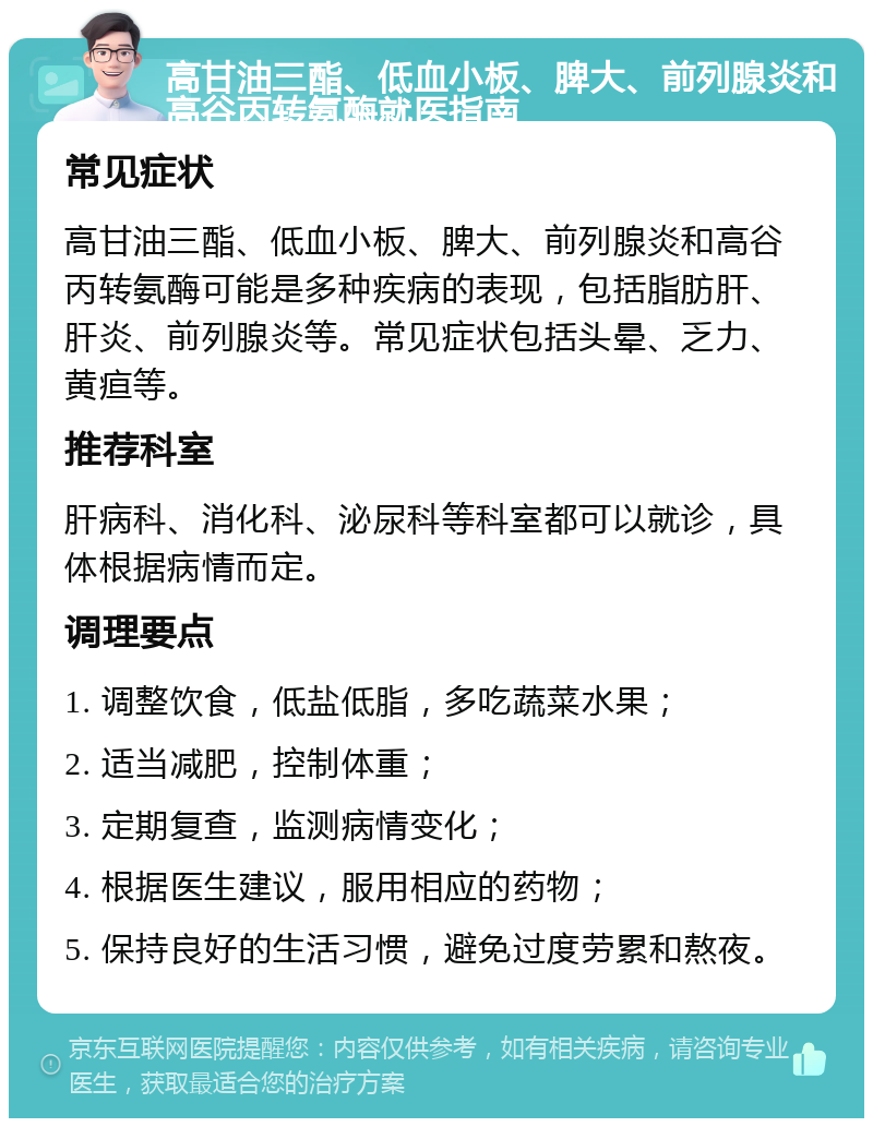 高甘油三酯、低血小板、脾大、前列腺炎和高谷丙转氨酶就医指南 常见症状 高甘油三酯、低血小板、脾大、前列腺炎和高谷丙转氨酶可能是多种疾病的表现，包括脂肪肝、肝炎、前列腺炎等。常见症状包括头晕、乏力、黄疸等。 推荐科室 肝病科、消化科、泌尿科等科室都可以就诊，具体根据病情而定。 调理要点 1. 调整饮食，低盐低脂，多吃蔬菜水果； 2. 适当减肥，控制体重； 3. 定期复查，监测病情变化； 4. 根据医生建议，服用相应的药物； 5. 保持良好的生活习惯，避免过度劳累和熬夜。