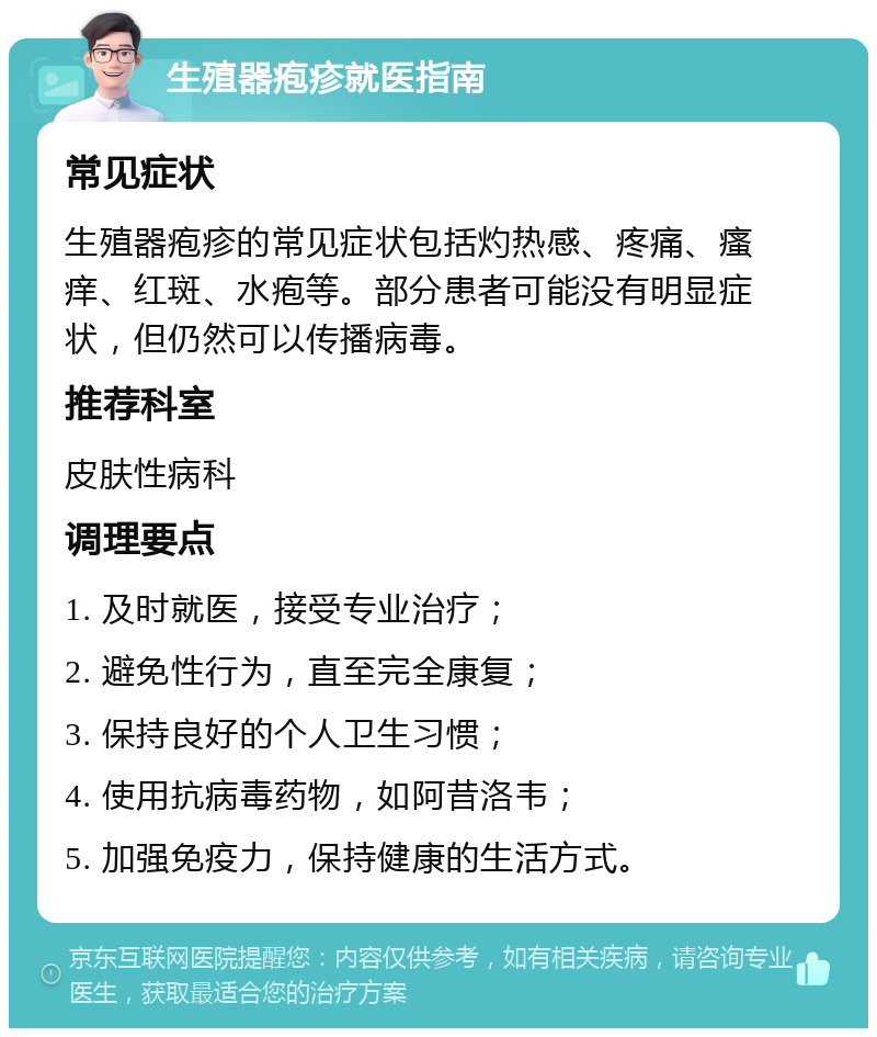 生殖器疱疹就医指南 常见症状 生殖器疱疹的常见症状包括灼热感、疼痛、瘙痒、红斑、水疱等。部分患者可能没有明显症状，但仍然可以传播病毒。 推荐科室 皮肤性病科 调理要点 1. 及时就医，接受专业治疗； 2. 避免性行为，直至完全康复； 3. 保持良好的个人卫生习惯； 4. 使用抗病毒药物，如阿昔洛韦； 5. 加强免疫力，保持健康的生活方式。