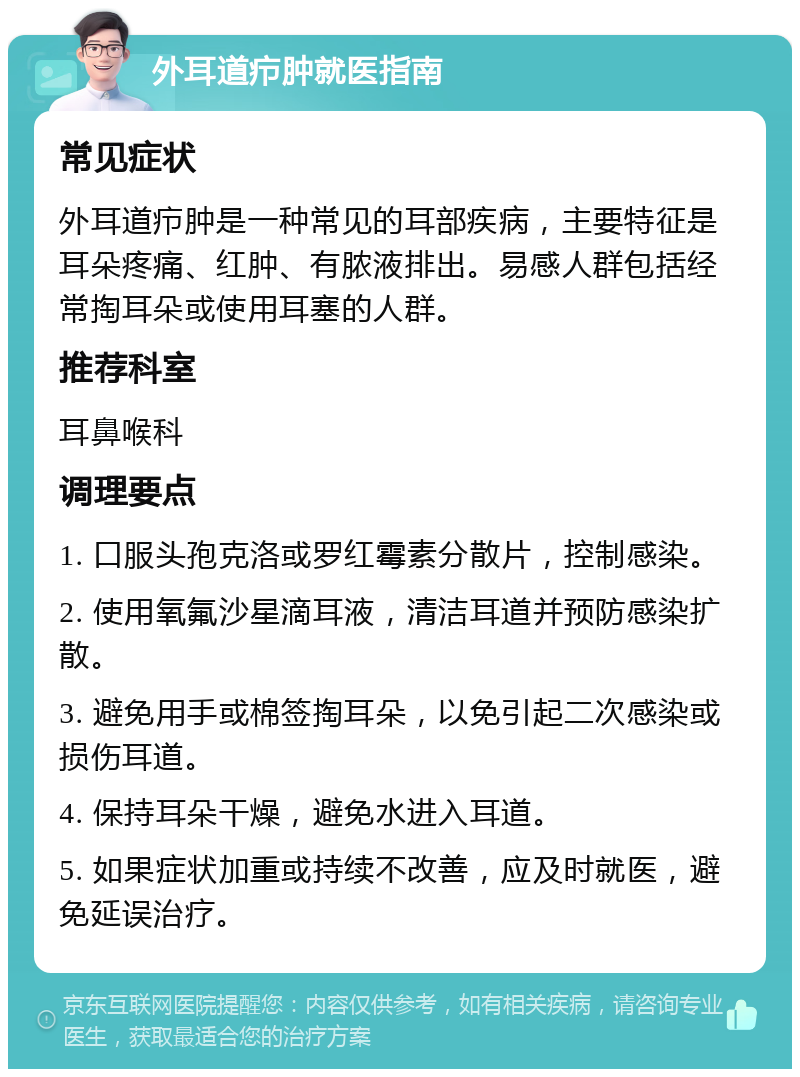 外耳道疖肿就医指南 常见症状 外耳道疖肿是一种常见的耳部疾病，主要特征是耳朵疼痛、红肿、有脓液排出。易感人群包括经常掏耳朵或使用耳塞的人群。 推荐科室 耳鼻喉科 调理要点 1. 口服头孢克洛或罗红霉素分散片，控制感染。 2. 使用氧氟沙星滴耳液，清洁耳道并预防感染扩散。 3. 避免用手或棉签掏耳朵，以免引起二次感染或损伤耳道。 4. 保持耳朵干燥，避免水进入耳道。 5. 如果症状加重或持续不改善，应及时就医，避免延误治疗。