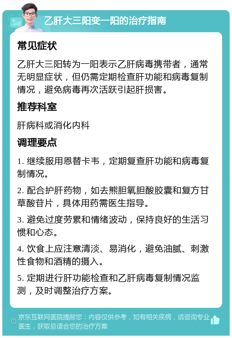 乙肝大三阳变一阳的治疗指南 常见症状 乙肝大三阳转为一阳表示乙肝病毒携带者，通常无明显症状，但仍需定期检查肝功能和病毒复制情况，避免病毒再次活跃引起肝损害。 推荐科室 肝病科或消化内科 调理要点 1. 继续服用恩替卡韦，定期复查肝功能和病毒复制情况。 2. 配合护肝药物，如去熊胆氧胆酸胶囊和复方甘草酸苷片，具体用药需医生指导。 3. 避免过度劳累和情绪波动，保持良好的生活习惯和心态。 4. 饮食上应注意清淡、易消化，避免油腻、刺激性食物和酒精的摄入。 5. 定期进行肝功能检查和乙肝病毒复制情况监测，及时调整治疗方案。