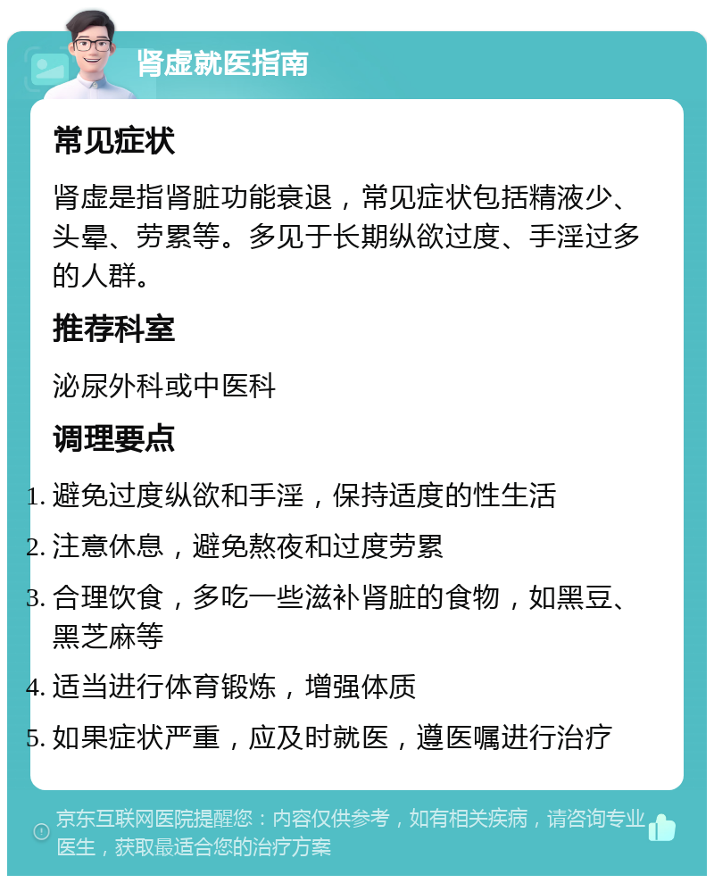 肾虚就医指南 常见症状 肾虚是指肾脏功能衰退，常见症状包括精液少、头晕、劳累等。多见于长期纵欲过度、手淫过多的人群。 推荐科室 泌尿外科或中医科 调理要点 避免过度纵欲和手淫，保持适度的性生活 注意休息，避免熬夜和过度劳累 合理饮食，多吃一些滋补肾脏的食物，如黑豆、黑芝麻等 适当进行体育锻炼，增强体质 如果症状严重，应及时就医，遵医嘱进行治疗