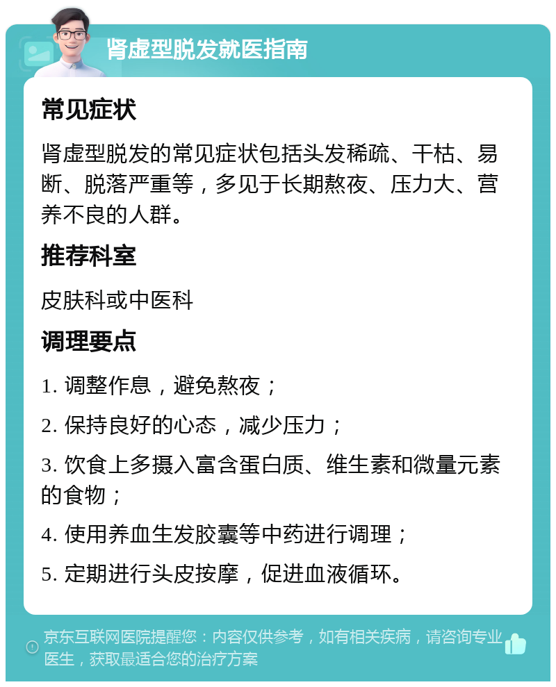 肾虚型脱发就医指南 常见症状 肾虚型脱发的常见症状包括头发稀疏、干枯、易断、脱落严重等，多见于长期熬夜、压力大、营养不良的人群。 推荐科室 皮肤科或中医科 调理要点 1. 调整作息，避免熬夜； 2. 保持良好的心态，减少压力； 3. 饮食上多摄入富含蛋白质、维生素和微量元素的食物； 4. 使用养血生发胶囊等中药进行调理； 5. 定期进行头皮按摩，促进血液循环。