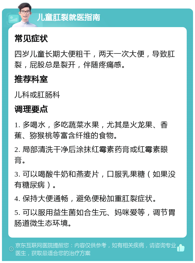 儿童肛裂就医指南 常见症状 四岁儿童长期大便粗干，两天一次大便，导致肛裂，屁股总是裂开，伴随疼痛感。 推荐科室 儿科或肛肠科 调理要点 1. 多喝水，多吃蔬菜水果，尤其是火龙果、香蕉、猕猴桃等富含纤维的食物。 2. 局部清洗干净后涂抹红霉素药膏或红霉素眼膏。 3. 可以喝酸牛奶和燕麦片，口服乳果糖（如果没有糖尿病）。 4. 保持大便通畅，避免便秘加重肛裂症状。 5. 可以服用益生菌如合生元、妈咪爱等，调节胃肠道微生态环境。