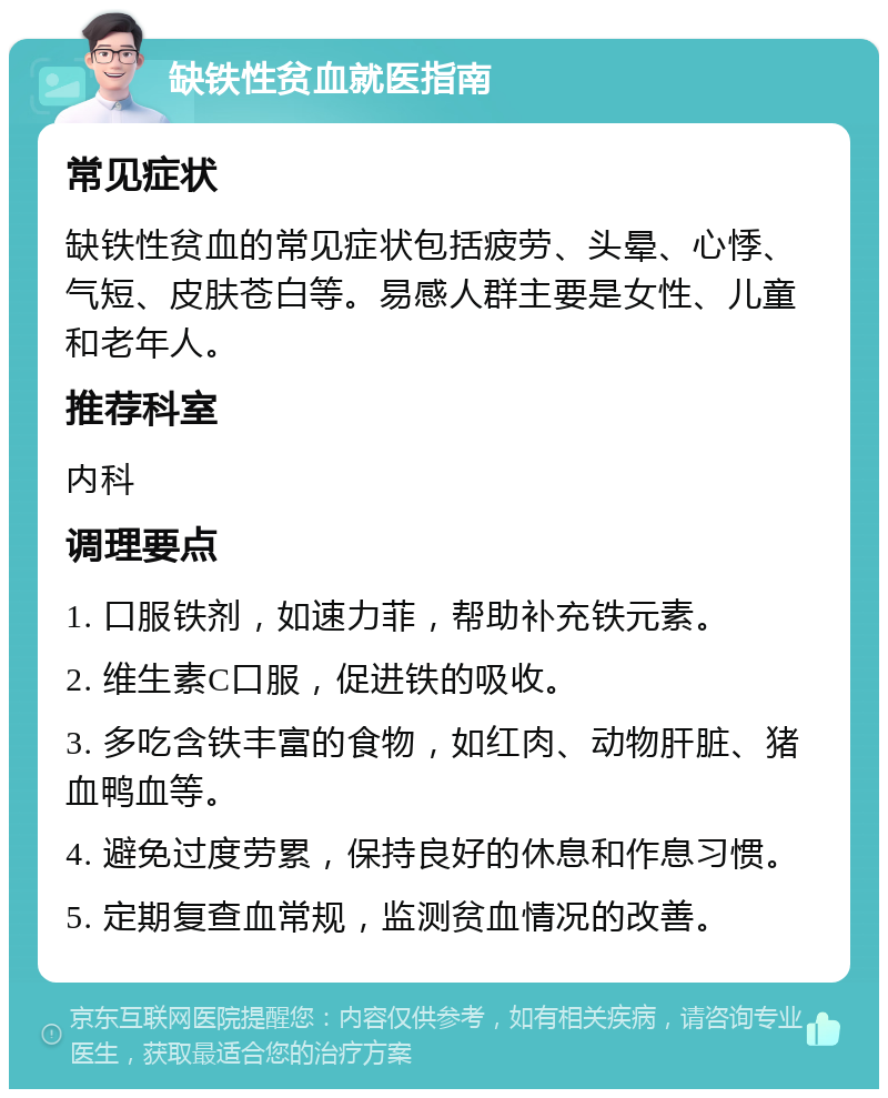 缺铁性贫血就医指南 常见症状 缺铁性贫血的常见症状包括疲劳、头晕、心悸、气短、皮肤苍白等。易感人群主要是女性、儿童和老年人。 推荐科室 内科 调理要点 1. 口服铁剂，如速力菲，帮助补充铁元素。 2. 维生素C口服，促进铁的吸收。 3. 多吃含铁丰富的食物，如红肉、动物肝脏、猪血鸭血等。 4. 避免过度劳累，保持良好的休息和作息习惯。 5. 定期复查血常规，监测贫血情况的改善。