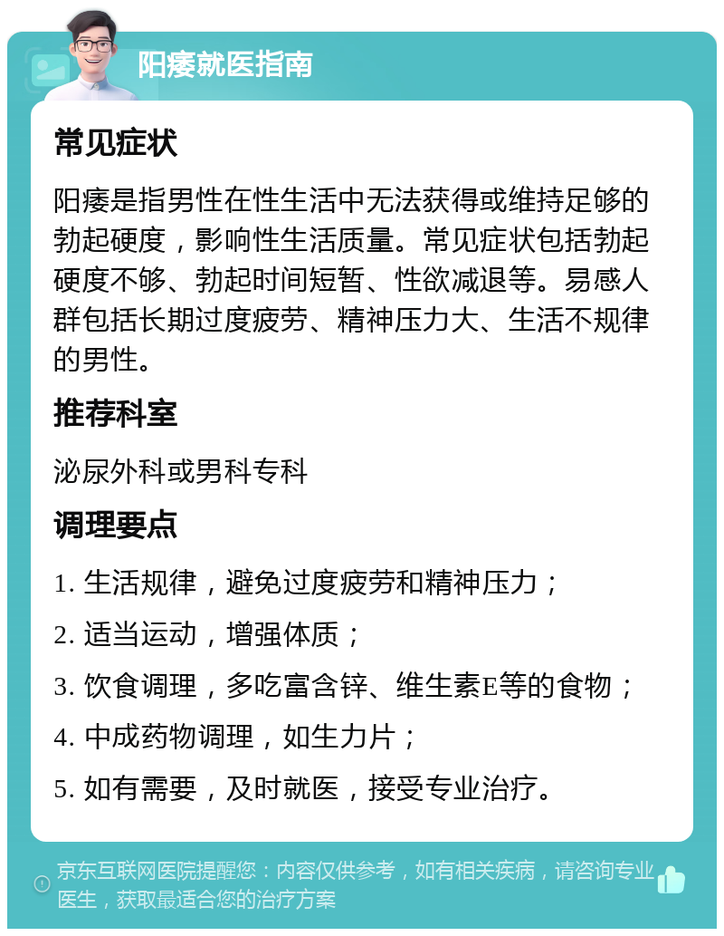 阳痿就医指南 常见症状 阳痿是指男性在性生活中无法获得或维持足够的勃起硬度，影响性生活质量。常见症状包括勃起硬度不够、勃起时间短暂、性欲减退等。易感人群包括长期过度疲劳、精神压力大、生活不规律的男性。 推荐科室 泌尿外科或男科专科 调理要点 1. 生活规律，避免过度疲劳和精神压力； 2. 适当运动，增强体质； 3. 饮食调理，多吃富含锌、维生素E等的食物； 4. 中成药物调理，如生力片； 5. 如有需要，及时就医，接受专业治疗。