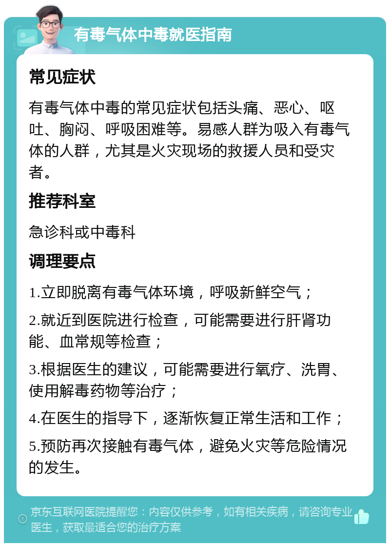 有毒气体中毒就医指南 常见症状 有毒气体中毒的常见症状包括头痛、恶心、呕吐、胸闷、呼吸困难等。易感人群为吸入有毒气体的人群，尤其是火灾现场的救援人员和受灾者。 推荐科室 急诊科或中毒科 调理要点 1.立即脱离有毒气体环境，呼吸新鲜空气； 2.就近到医院进行检查，可能需要进行肝肾功能、血常规等检查； 3.根据医生的建议，可能需要进行氧疗、洗胃、使用解毒药物等治疗； 4.在医生的指导下，逐渐恢复正常生活和工作； 5.预防再次接触有毒气体，避免火灾等危险情况的发生。