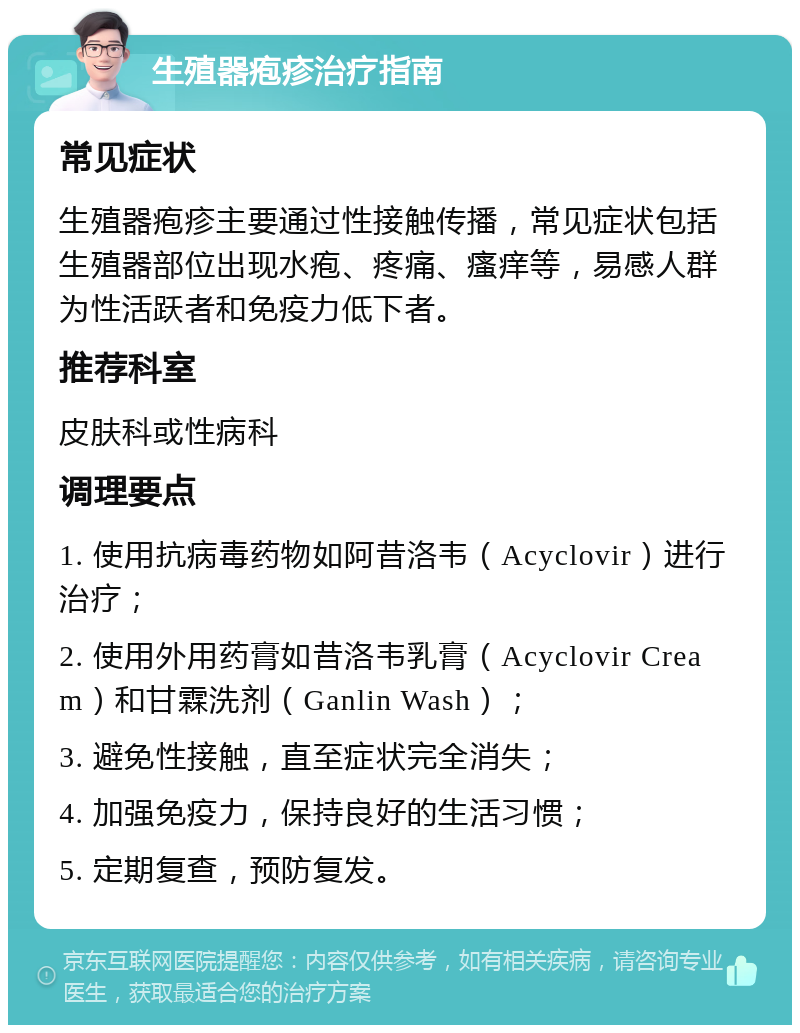 生殖器疱疹治疗指南 常见症状 生殖器疱疹主要通过性接触传播，常见症状包括生殖器部位出现水疱、疼痛、瘙痒等，易感人群为性活跃者和免疫力低下者。 推荐科室 皮肤科或性病科 调理要点 1. 使用抗病毒药物如阿昔洛韦（Acyclovir）进行治疗； 2. 使用外用药膏如昔洛韦乳膏（Acyclovir Cream）和甘霖洗剂（Ganlin Wash）； 3. 避免性接触，直至症状完全消失； 4. 加强免疫力，保持良好的生活习惯； 5. 定期复查，预防复发。