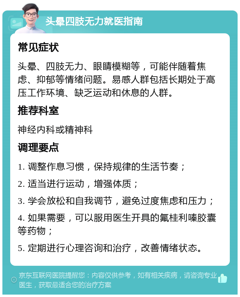 头晕四肢无力就医指南 常见症状 头晕、四肢无力、眼睛模糊等，可能伴随着焦虑、抑郁等情绪问题。易感人群包括长期处于高压工作环境、缺乏运动和休息的人群。 推荐科室 神经内科或精神科 调理要点 1. 调整作息习惯，保持规律的生活节奏； 2. 适当进行运动，增强体质； 3. 学会放松和自我调节，避免过度焦虑和压力； 4. 如果需要，可以服用医生开具的氟桂利嗪胶囊等药物； 5. 定期进行心理咨询和治疗，改善情绪状态。