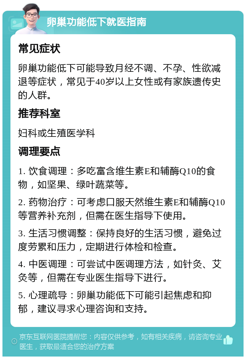 卵巢功能低下就医指南 常见症状 卵巢功能低下可能导致月经不调、不孕、性欲减退等症状，常见于40岁以上女性或有家族遗传史的人群。 推荐科室 妇科或生殖医学科 调理要点 1. 饮食调理：多吃富含维生素E和辅酶Q10的食物，如坚果、绿叶蔬菜等。 2. 药物治疗：可考虑口服天然维生素E和辅酶Q10等营养补充剂，但需在医生指导下使用。 3. 生活习惯调整：保持良好的生活习惯，避免过度劳累和压力，定期进行体检和检查。 4. 中医调理：可尝试中医调理方法，如针灸、艾灸等，但需在专业医生指导下进行。 5. 心理疏导：卵巢功能低下可能引起焦虑和抑郁，建议寻求心理咨询和支持。