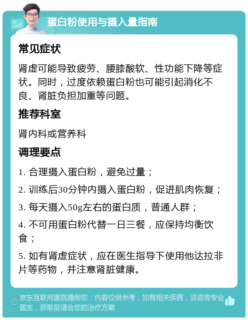 蛋白粉使用与摄入量指南 常见症状 肾虚可能导致疲劳、腰膝酸软、性功能下降等症状。同时，过度依赖蛋白粉也可能引起消化不良、肾脏负担加重等问题。 推荐科室 肾内科或营养科 调理要点 1. 合理摄入蛋白粉，避免过量； 2. 训练后30分钟内摄入蛋白粉，促进肌肉恢复； 3. 每天摄入50g左右的蛋白质，普通人群； 4. 不可用蛋白粉代替一日三餐，应保持均衡饮食； 5. 如有肾虚症状，应在医生指导下使用他达拉非片等药物，并注意肾脏健康。