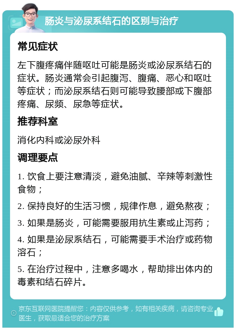 肠炎与泌尿系结石的区别与治疗 常见症状 左下腹疼痛伴随呕吐可能是肠炎或泌尿系结石的症状。肠炎通常会引起腹泻、腹痛、恶心和呕吐等症状；而泌尿系结石则可能导致腰部或下腹部疼痛、尿频、尿急等症状。 推荐科室 消化内科或泌尿外科 调理要点 1. 饮食上要注意清淡，避免油腻、辛辣等刺激性食物； 2. 保持良好的生活习惯，规律作息，避免熬夜； 3. 如果是肠炎，可能需要服用抗生素或止泻药； 4. 如果是泌尿系结石，可能需要手术治疗或药物溶石； 5. 在治疗过程中，注意多喝水，帮助排出体内的毒素和结石碎片。