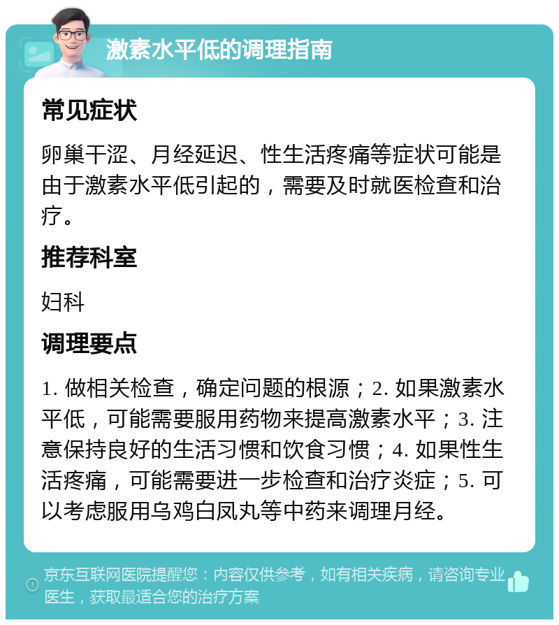 激素水平低的调理指南 常见症状 卵巢干涩、月经延迟、性生活疼痛等症状可能是由于激素水平低引起的，需要及时就医检查和治疗。 推荐科室 妇科 调理要点 1. 做相关检查，确定问题的根源；2. 如果激素水平低，可能需要服用药物来提高激素水平；3. 注意保持良好的生活习惯和饮食习惯；4. 如果性生活疼痛，可能需要进一步检查和治疗炎症；5. 可以考虑服用乌鸡白凤丸等中药来调理月经。