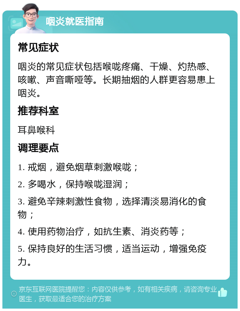 咽炎就医指南 常见症状 咽炎的常见症状包括喉咙疼痛、干燥、灼热感、咳嗽、声音嘶哑等。长期抽烟的人群更容易患上咽炎。 推荐科室 耳鼻喉科 调理要点 1. 戒烟，避免烟草刺激喉咙； 2. 多喝水，保持喉咙湿润； 3. 避免辛辣刺激性食物，选择清淡易消化的食物； 4. 使用药物治疗，如抗生素、消炎药等； 5. 保持良好的生活习惯，适当运动，增强免疫力。