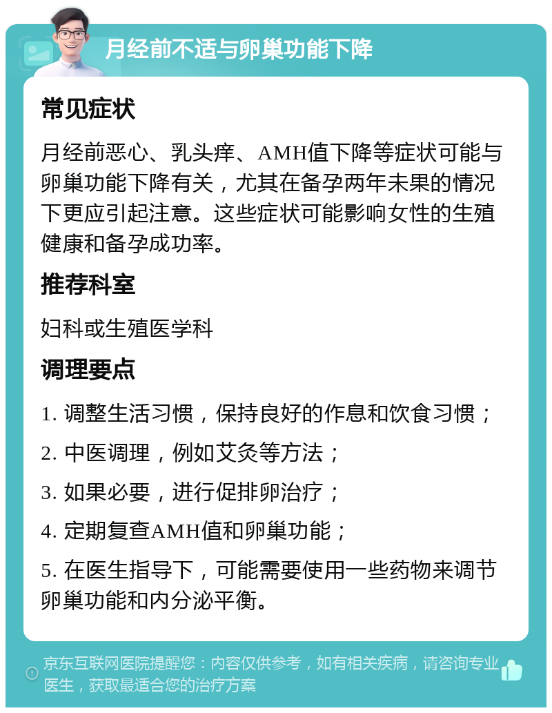 月经前不适与卵巢功能下降 常见症状 月经前恶心、乳头痒、AMH值下降等症状可能与卵巢功能下降有关，尤其在备孕两年未果的情况下更应引起注意。这些症状可能影响女性的生殖健康和备孕成功率。 推荐科室 妇科或生殖医学科 调理要点 1. 调整生活习惯，保持良好的作息和饮食习惯； 2. 中医调理，例如艾灸等方法； 3. 如果必要，进行促排卵治疗； 4. 定期复查AMH值和卵巢功能； 5. 在医生指导下，可能需要使用一些药物来调节卵巢功能和内分泌平衡。