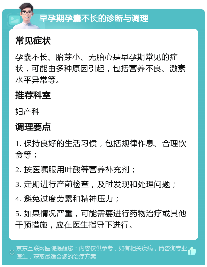 早孕期孕囊不长的诊断与调理 常见症状 孕囊不长、胎芽小、无胎心是早孕期常见的症状，可能由多种原因引起，包括营养不良、激素水平异常等。 推荐科室 妇产科 调理要点 1. 保持良好的生活习惯，包括规律作息、合理饮食等； 2. 按医嘱服用叶酸等营养补充剂； 3. 定期进行产前检查，及时发现和处理问题； 4. 避免过度劳累和精神压力； 5. 如果情况严重，可能需要进行药物治疗或其他干预措施，应在医生指导下进行。