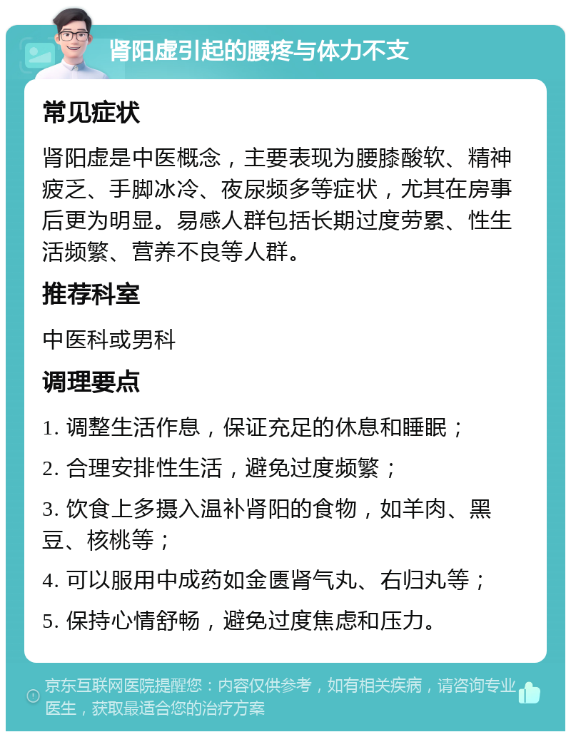 肾阳虚引起的腰疼与体力不支 常见症状 肾阳虚是中医概念，主要表现为腰膝酸软、精神疲乏、手脚冰冷、夜尿频多等症状，尤其在房事后更为明显。易感人群包括长期过度劳累、性生活频繁、营养不良等人群。 推荐科室 中医科或男科 调理要点 1. 调整生活作息，保证充足的休息和睡眠； 2. 合理安排性生活，避免过度频繁； 3. 饮食上多摄入温补肾阳的食物，如羊肉、黑豆、核桃等； 4. 可以服用中成药如金匮肾气丸、右归丸等； 5. 保持心情舒畅，避免过度焦虑和压力。