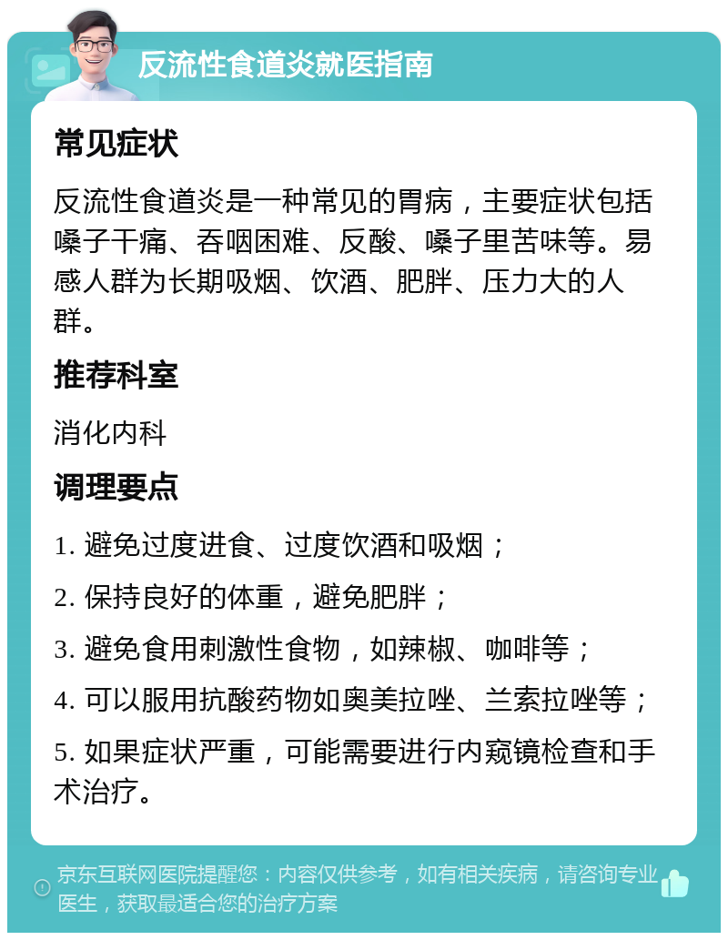 反流性食道炎就医指南 常见症状 反流性食道炎是一种常见的胃病，主要症状包括嗓子干痛、吞咽困难、反酸、嗓子里苦味等。易感人群为长期吸烟、饮酒、肥胖、压力大的人群。 推荐科室 消化内科 调理要点 1. 避免过度进食、过度饮酒和吸烟； 2. 保持良好的体重，避免肥胖； 3. 避免食用刺激性食物，如辣椒、咖啡等； 4. 可以服用抗酸药物如奥美拉唑、兰索拉唑等； 5. 如果症状严重，可能需要进行内窥镜检查和手术治疗。