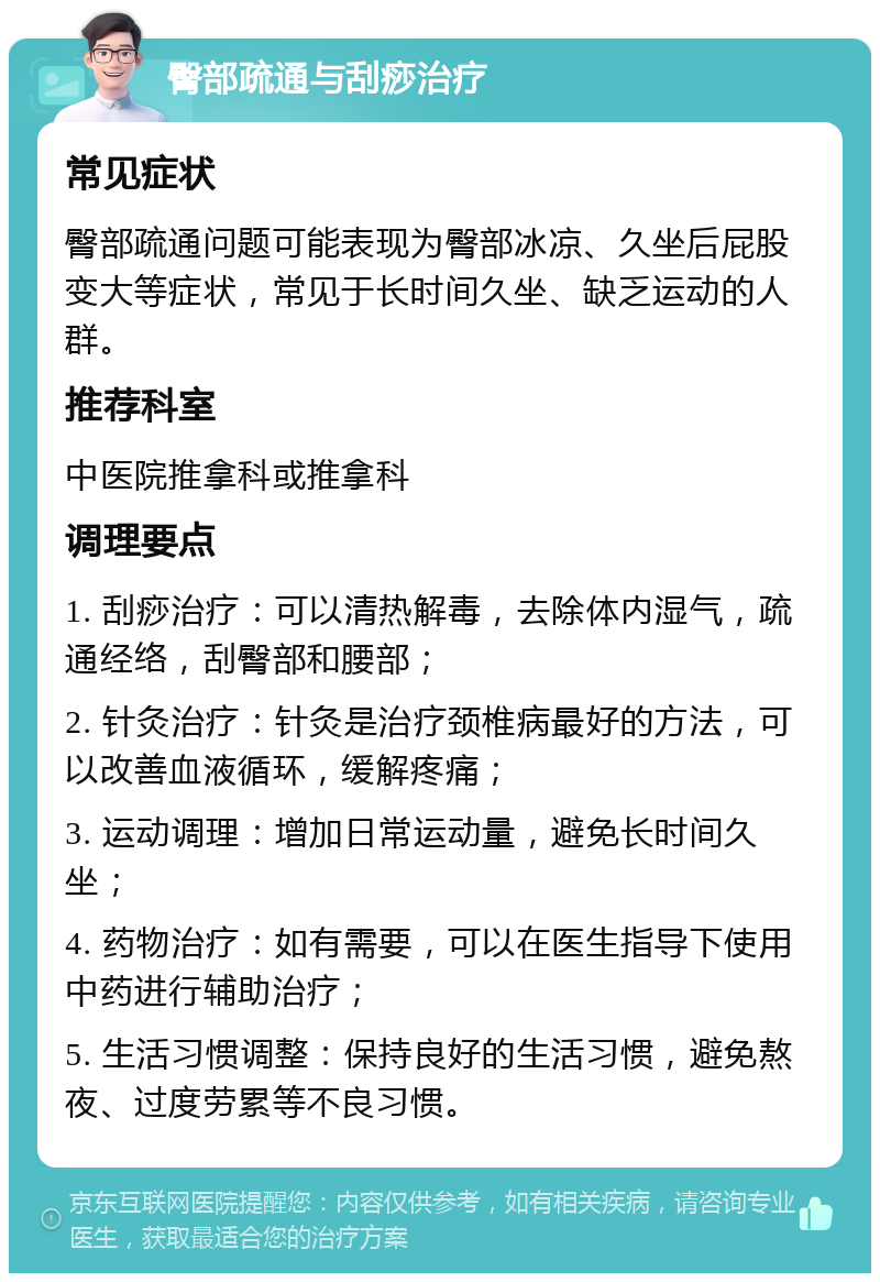 臀部疏通与刮痧治疗 常见症状 臀部疏通问题可能表现为臀部冰凉、久坐后屁股变大等症状，常见于长时间久坐、缺乏运动的人群。 推荐科室 中医院推拿科或推拿科 调理要点 1. 刮痧治疗：可以清热解毒，去除体内湿气，疏通经络，刮臀部和腰部； 2. 针灸治疗：针灸是治疗颈椎病最好的方法，可以改善血液循环，缓解疼痛； 3. 运动调理：增加日常运动量，避免长时间久坐； 4. 药物治疗：如有需要，可以在医生指导下使用中药进行辅助治疗； 5. 生活习惯调整：保持良好的生活习惯，避免熬夜、过度劳累等不良习惯。