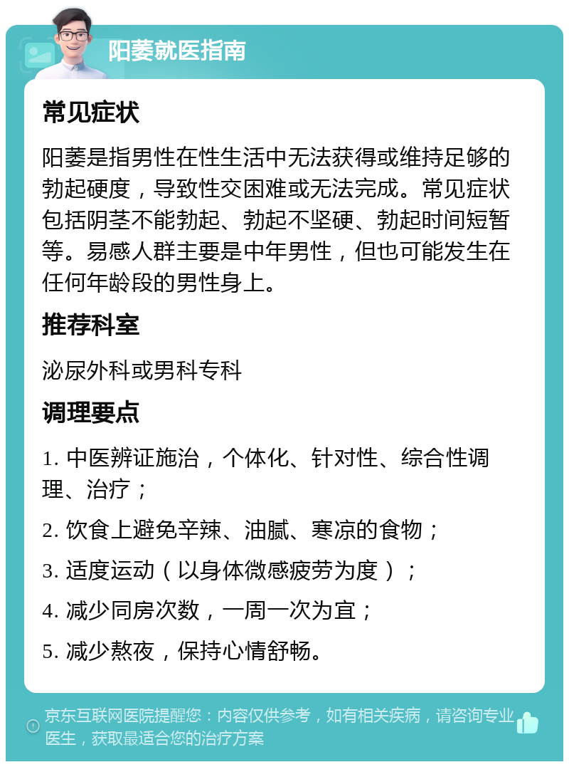 阳萎就医指南 常见症状 阳萎是指男性在性生活中无法获得或维持足够的勃起硬度，导致性交困难或无法完成。常见症状包括阴茎不能勃起、勃起不坚硬、勃起时间短暂等。易感人群主要是中年男性，但也可能发生在任何年龄段的男性身上。 推荐科室 泌尿外科或男科专科 调理要点 1. 中医辨证施治，个体化、针对性、综合性调理、治疗； 2. 饮食上避免辛辣、油腻、寒凉的食物； 3. 适度运动（以身体微感疲劳为度）； 4. 减少同房次数，一周一次为宜； 5. 减少熬夜，保持心情舒畅。