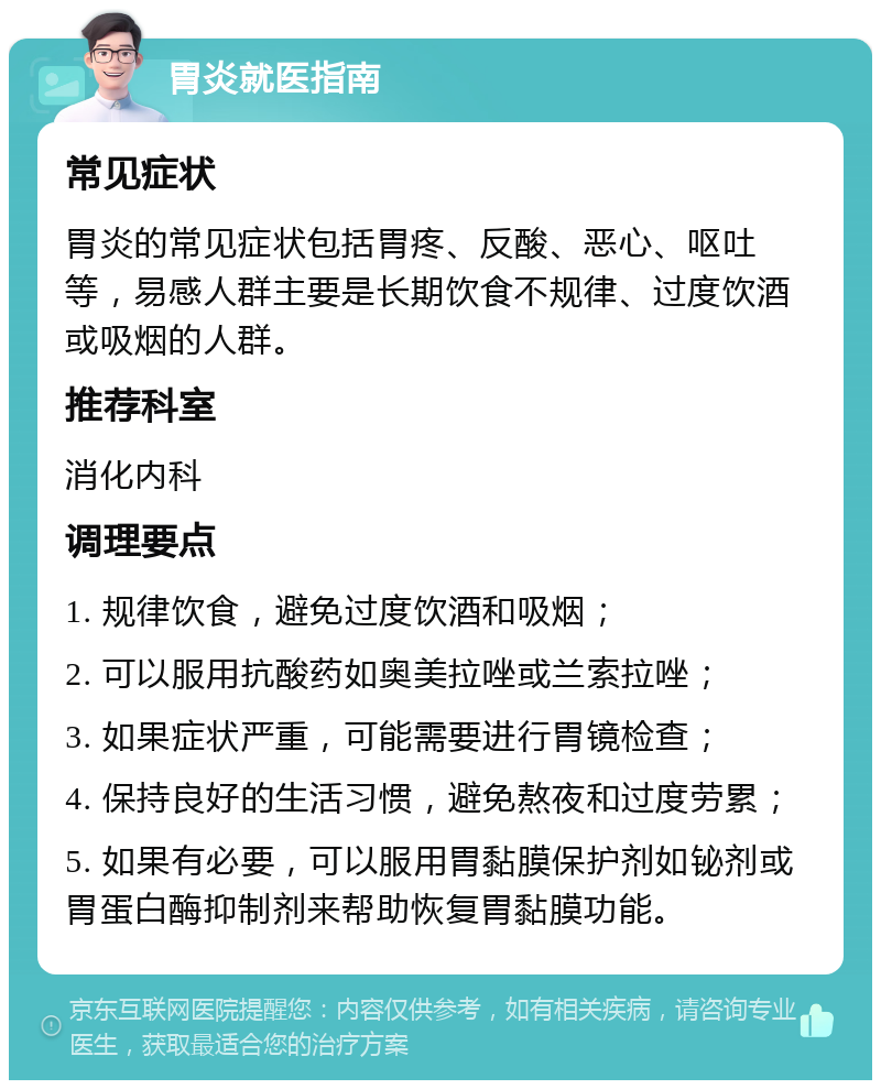 胃炎就医指南 常见症状 胃炎的常见症状包括胃疼、反酸、恶心、呕吐等，易感人群主要是长期饮食不规律、过度饮酒或吸烟的人群。 推荐科室 消化内科 调理要点 1. 规律饮食，避免过度饮酒和吸烟； 2. 可以服用抗酸药如奥美拉唑或兰索拉唑； 3. 如果症状严重，可能需要进行胃镜检查； 4. 保持良好的生活习惯，避免熬夜和过度劳累； 5. 如果有必要，可以服用胃黏膜保护剂如铋剂或胃蛋白酶抑制剂来帮助恢复胃黏膜功能。