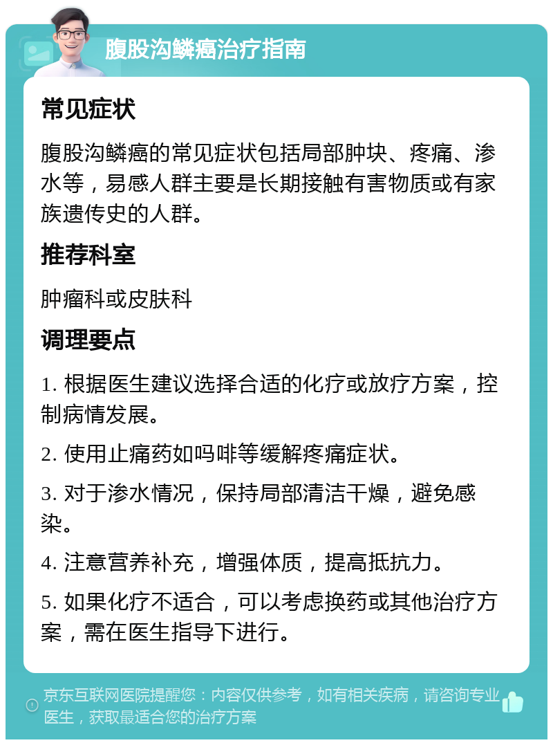 腹股沟鳞癌治疗指南 常见症状 腹股沟鳞癌的常见症状包括局部肿块、疼痛、渗水等，易感人群主要是长期接触有害物质或有家族遗传史的人群。 推荐科室 肿瘤科或皮肤科 调理要点 1. 根据医生建议选择合适的化疗或放疗方案，控制病情发展。 2. 使用止痛药如吗啡等缓解疼痛症状。 3. 对于渗水情况，保持局部清洁干燥，避免感染。 4. 注意营养补充，增强体质，提高抵抗力。 5. 如果化疗不适合，可以考虑换药或其他治疗方案，需在医生指导下进行。