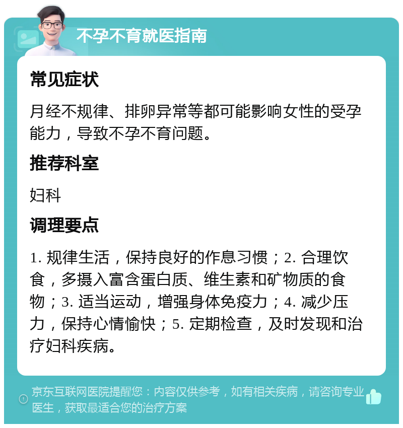 不孕不育就医指南 常见症状 月经不规律、排卵异常等都可能影响女性的受孕能力，导致不孕不育问题。 推荐科室 妇科 调理要点 1. 规律生活，保持良好的作息习惯；2. 合理饮食，多摄入富含蛋白质、维生素和矿物质的食物；3. 适当运动，增强身体免疫力；4. 减少压力，保持心情愉快；5. 定期检查，及时发现和治疗妇科疾病。